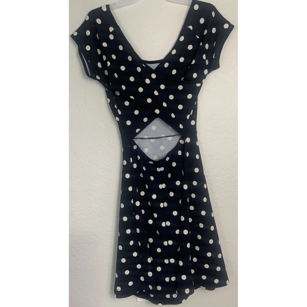 Gilli Navy Blue Polka Dot‎ Skater Dress Back Cutout Cap Sleeve Fit Flare Medium